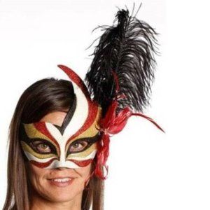 Masquerade Mask Halloween Mardi Gras White & Red Feather Bird Ceramic Party